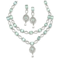 ZENEME Rhodium-Plated American Diamond Studded Abstract Necklace With Earrings Jewellery Set For Girls and Women (Sea Green)