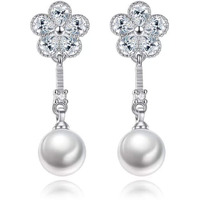 Shining Diva Fashion White Crystal Pearl Stylish Silver Plated Dangler Earrings for Women and Girls (10716er)
