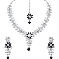 Atasi International Silver Tone Black & White Crystals Rhodium Plated Alloy Choker Necklace Set For Women