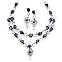 ZENEME Rhodium-Plated American Diamond Studded Abstract Necklace With Earrings Jewellery Set For Girls and Women (Navy Blue)