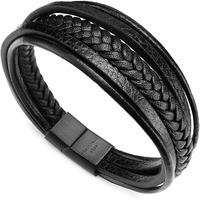Zibuyu Hand Bracelet for Men Women Stylish Skin Friendly Braided Multi-Layer Wrap Magnetic Clasp Hoop Bracelet with Alloy Clasp Fashion PU Leather for Boys Girls (Black)