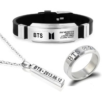 University Trendz BTS Fan Combo - BTS Signature Silicon Bracelet, Bangtan Kpop Bar Pendant Necklace & DOB Engraved Stainless Steel Ring (Pack of 3) For Unisex Adult