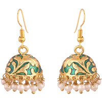 I Jewels Jaipur Meenakari Green Gold-Plated Jhumki Earrings For Women E2547G