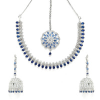 ZENEME Jewellery Sparkling American Diamond Collar Necklace with Designer Jhumka/Jhumki Earrings Maang Tikka for Women and Girls (Blue)