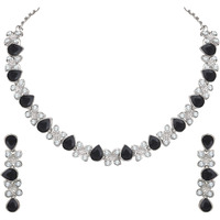 Atasi International Princess Style Silver Plated Black AD Crystals/Stones Necklace with Earrings Jewellery Set for Women/Girls - Wedding Jewelry/Party & Festival Accessories