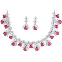ZENEME Rhodium Plated Contemporary Design White and Pink American Diamond Studded Triangular Necklace With Earring Fashion Jewellery Set For Girls and Women (Red)