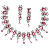 ZENEME Rhodium Plated Square Shaped Silver Toned American Diamond Stone Studded Necklace With Earring Jewellery Set For Women and Girl (Red)