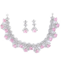 ZENEME Rhodium Plated Contemporary Design White and Pink American Diamond Studded Triangular Necklace With Earring Fashion Jewellery Set For Girls and Women (Pink)