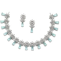 ZENEME Rhodium-Plated Silver Toned Teardrop Shaped American Diamond Studded Necklace Earrings Jewellery Set for Girls and Women (Lime Green)