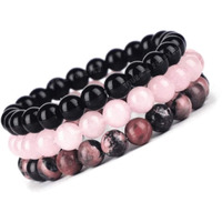 Young & Forever Gift Dvine Spiritual Natural Semi-Precious Rhodonite Rose Quartz Onyx Reiki Bracelet for Men and Women Set of 3