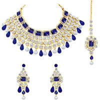 Peora Kundan Studded Choker Necklace with Maang Tikka & Dangle Earrings Indian Traditional Bridal Wedding Jewellery Set for Women (Pink)