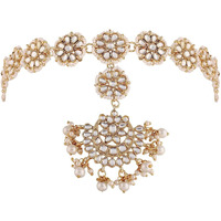 I Jewels Gold Plated Traditional Floral Kundan Pearl Studded Rajasthani Sheeshphool/SheeshPatti for Women (T2066W)