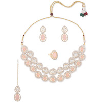 ZAVERI PEARLS Peach Double Layered Artificial Stones & Austrian Diamonds Necklace Earring Maangtikka & Ring Set For Women -ZPFK16489