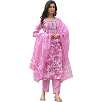 KLOSIA Women Embroidery Straight Floral Printed Kurta and Pant Set with Dupatta | Ethnic Set | Dupatta Set | Suit Set | Kurta Set | Wedding Suit | (Medium) Pink