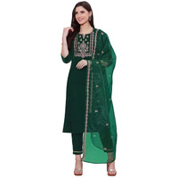 Sanisa Women's Velvet Embroidery Straight Kurta Set with Dupatta (35KBD442N-M_Dark Green)