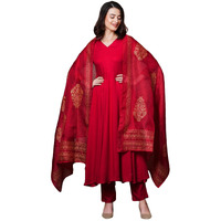 GoSriKi Women's Rayon Blend Solid Anarkali Kurta with Pant & Dupatta (Magic-RED-NDM-GS_S_Red_Small)