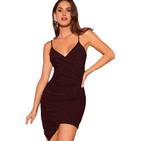 ADDYVERO Glitter Ruched Wrap Bodycon Wine Dress