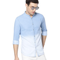 Dennis Lingo Men's Cotton Full Sleeves Cotton Denim Solid Casual Shirt with Mandarin Collar (Light Blue, L)