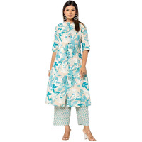 rytras Women's Cotton Printed A-Line Kurta with Palazzo Pant Set(RYT582,M) Blue