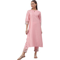 Janasya Women's Pink Poly Silk Solid Kurta with Pant(SET357-KR-NP-L)