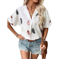 Leriya Fashion Western Top for Women || Feather Printed Rayon Shirt Style Tops for Women || V Neck || Roll Up Sleeve || Casual || Office || Summer Wear for Women (XX-Large, White)