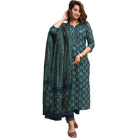 LookMark Women's Printed Cotton Blend Straight Kurta Pant Dupatta Set - Stylish Ethnic Wear for Women (AZ-LM-OG-KS2116-M) Green