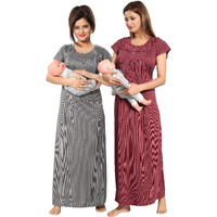 Fabme Women's Cotton Blend Striped Floor Length Night Gown (Po2-Nw0142-Mr-Lgy_Maroon, Grey_Free Size)