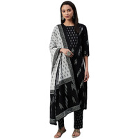 rytras Women's Pure Cotton Printed Straight Kurta Set with Palazzo Pants & Dupatta- Ethnic Wear,Black(RYT251,S)