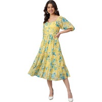 Janasya Women's Yellow Georgette Floral Printed Flared Western Dress(J0433-DR-M)