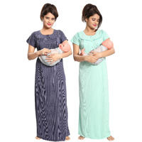 Fabme Women's Cotton Textured Maxi Casual Maternity/Feeding Nighty (Pack of 2) (NW0142_Navy Blue and Light Green_Free Size)