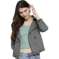 Campus Sutra Womens Grey Dry-Washed Denim Cotton Jacket Regular Fit For Casual Wear, Collared Neck, Double-Breasted, Stylish Crafted With Comfort Fit For Everyday Wear
