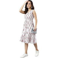 Janasya Women's White Cotton Ethnic Motifs Flared Western Dress