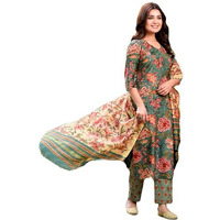 ANNI DESIGNER Women's Cotton Blend Straight Printed Kurta with Pant & Dupatta (FTA Green_XL_Green_X-Large)
