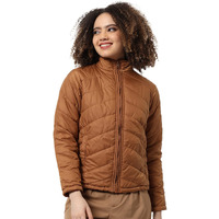 Campus Sutra Women Brown Puffer Regular Fit Bomber Jacket For Winter Wear | Standing Collar | Full Sleeve | Zipper | Casual Jacket For Woman & Girl | Western Stylish Jacket For Women