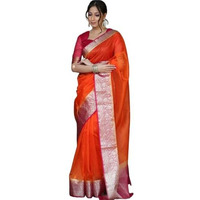 Yashika Women's Plain Organza Saree with Floral Woven Border and Unstitched Blouse Material (AZ-YS-OG1-ORGANZA Orange