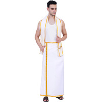 PRAKASAM COTTON Mens White Colour Zari Cotton Welcro Pocket Dhoti with Matching Towel-(Size 34)