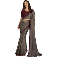Satrani Women's Shimmer Chiffon Dual Tone Self Woven & Lace Saree with Unstitched Blouse Piece (3568S124N_Brown)