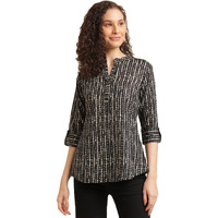 NAINVISH Women's Cotton Blend Mandarin Neck Regular Fit Printed Top (SD496_L_Black)