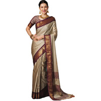 SWARON Women's Banarasi Jacquard Kanjivaram Silk Saree with Unstitched Blouse Piece (3743S109NW_Beige & Wine)
