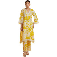 LookMark Women's Printed Cotton Blend Straight Kurta Pant Set with Lace - Comfortable Ethnic Wear for Women, Elegant Design, Suitable for Various Occasions (AZ-LM-OG-KS2118 Yellow-XL)