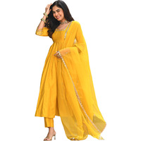 GoSriKi Women's Rayon Blend Anarkali Solid Kurta with Pant & Dupatta (SITAPATI Yellow-GS_S_Yellow_Small)