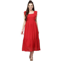 Sugathari Georgette Jacquard Butti Red Square Neck Knee Length Western Dresses for Women (Dress2 89 Red L)