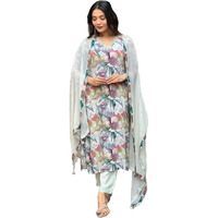 GoSriKi Women's Cotton Blend Straight Printed Kurta with Pant & Dupatta (Habibi Grey-GS_XXL_Grey_XX-Large)