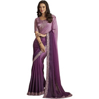 Satrani Women's Chiffon Printed & Lace Saree with Unstitched Blouse Piece (3568S132N_Dark Purple & Lavender)