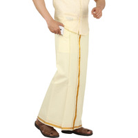 PRAKASAM COTTON Cream Colour-Gold Jari Border Welcro Pocket Stitched dhoti for mens/Size Hip -34 inches- Length- 42 inches