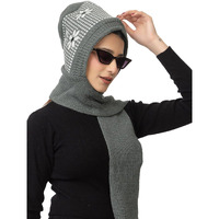 AMOLDO Women's Winter Woolen Soft Warm Knitted Designer Muffler Beanie Cap with Fur | Fleece Printed Woolen Hat with Attached Scarf for Cold Weather (in, Alpha, Free Size, Grey)