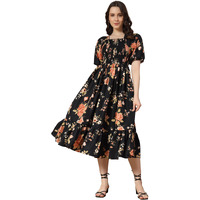 KZULLY Women's Crepe A-Line Midi Dress (1001-Gold-Flower-Black-M_Gold