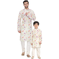 VASTRAMAY Cotton Blend Multicolor-Base-Cream Baap Beta Kurta Pyjama Set