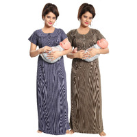 Fabme Women's Cotton Blend Striped Floor Length Night Gown (PO2-NW0142NBU-MH_Navy Blue, Mehendi_Free Size)