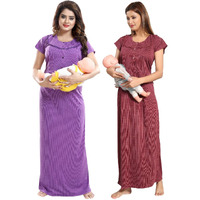 Fabme Women's Cotton Blend Textured Maxi Casual Night Gown (Po2-NW0142_Lavender, Maroon_Free Size)